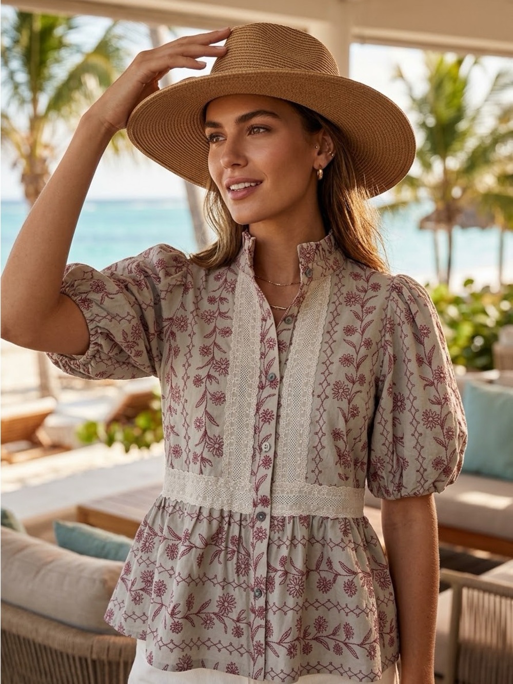 entro Cream and Dusty Rose Floral Lace Peplum Blouse